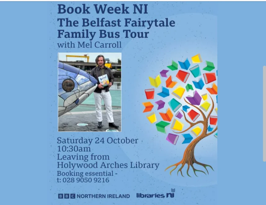 Libraries NI graphic for the Belfast Fairy Tale Bus Tour by Mel Carroll